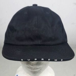 Supreme, authentic black hat, cap, brand logo, adjustable, leather strap.